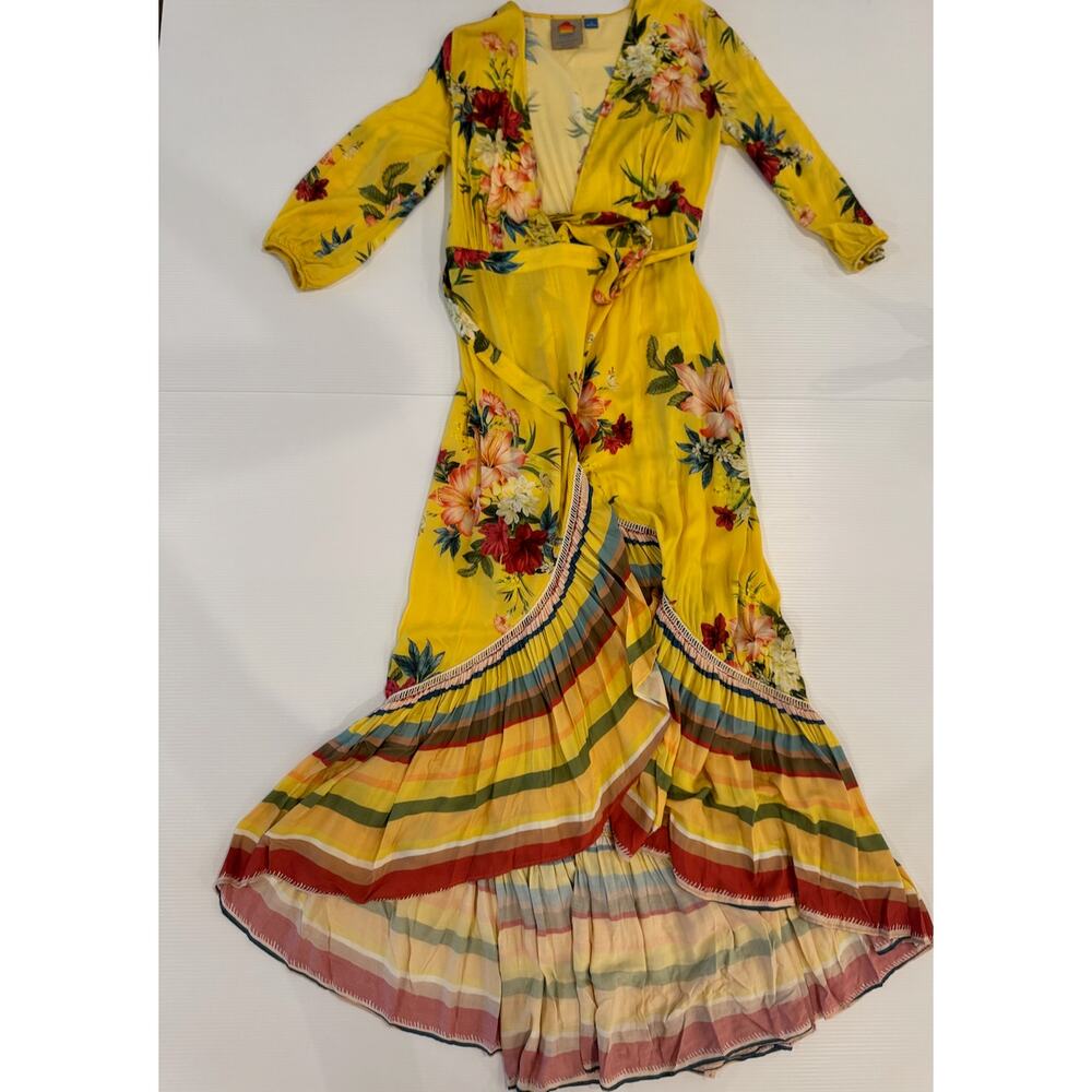 FARM Rio Anthropologie Marketplace Wrap Dress XS Yellow Floral Maxi Resort Boho - Picture 9 of 16